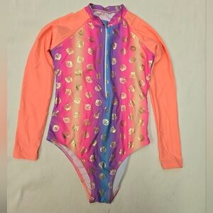 Girls' Long Sleeve Seashells Gradient One Piece Rashguard Swimsuit, Medium